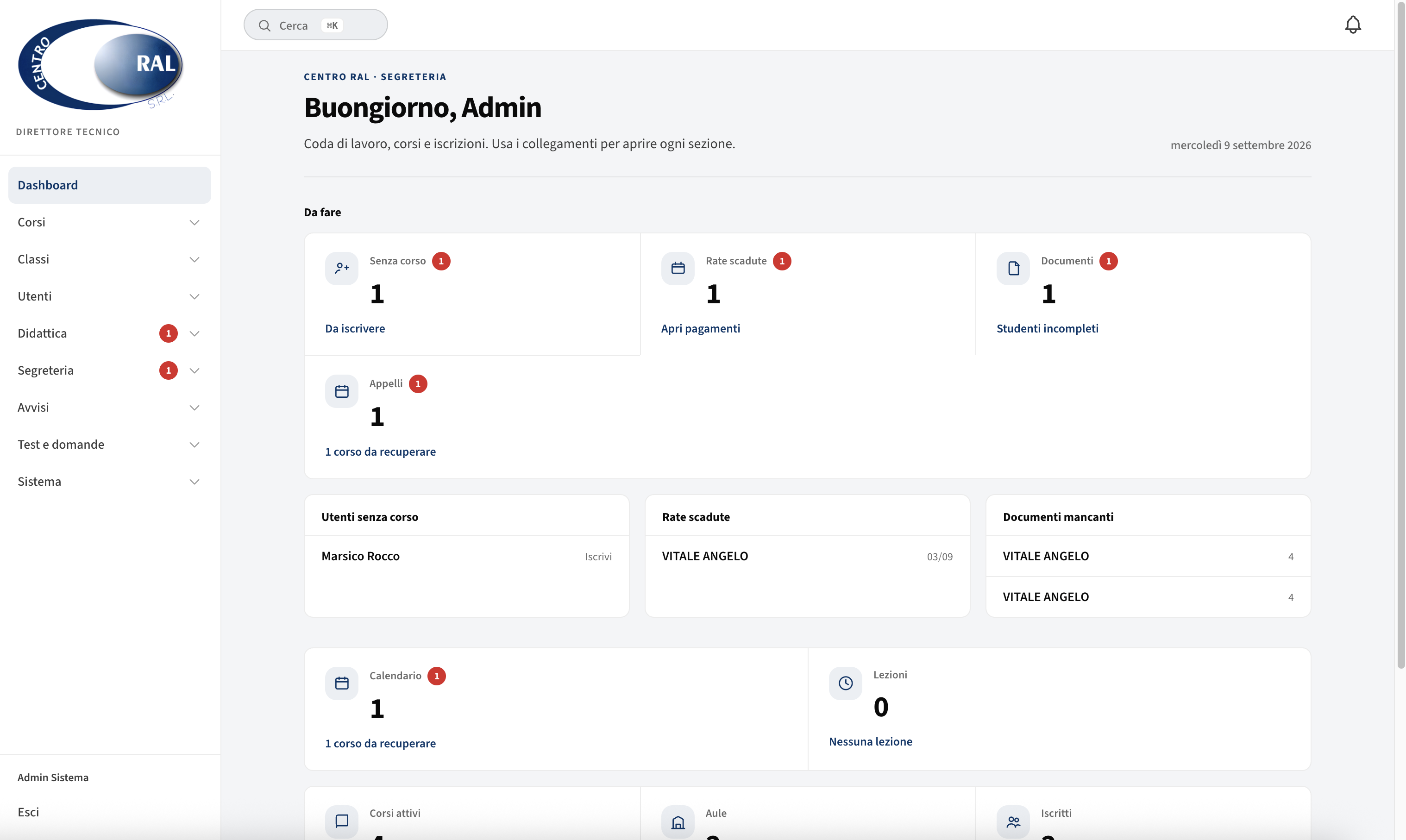 Gestionale Centro RAL: dashboard corsi, iscrizioni e segreteria.