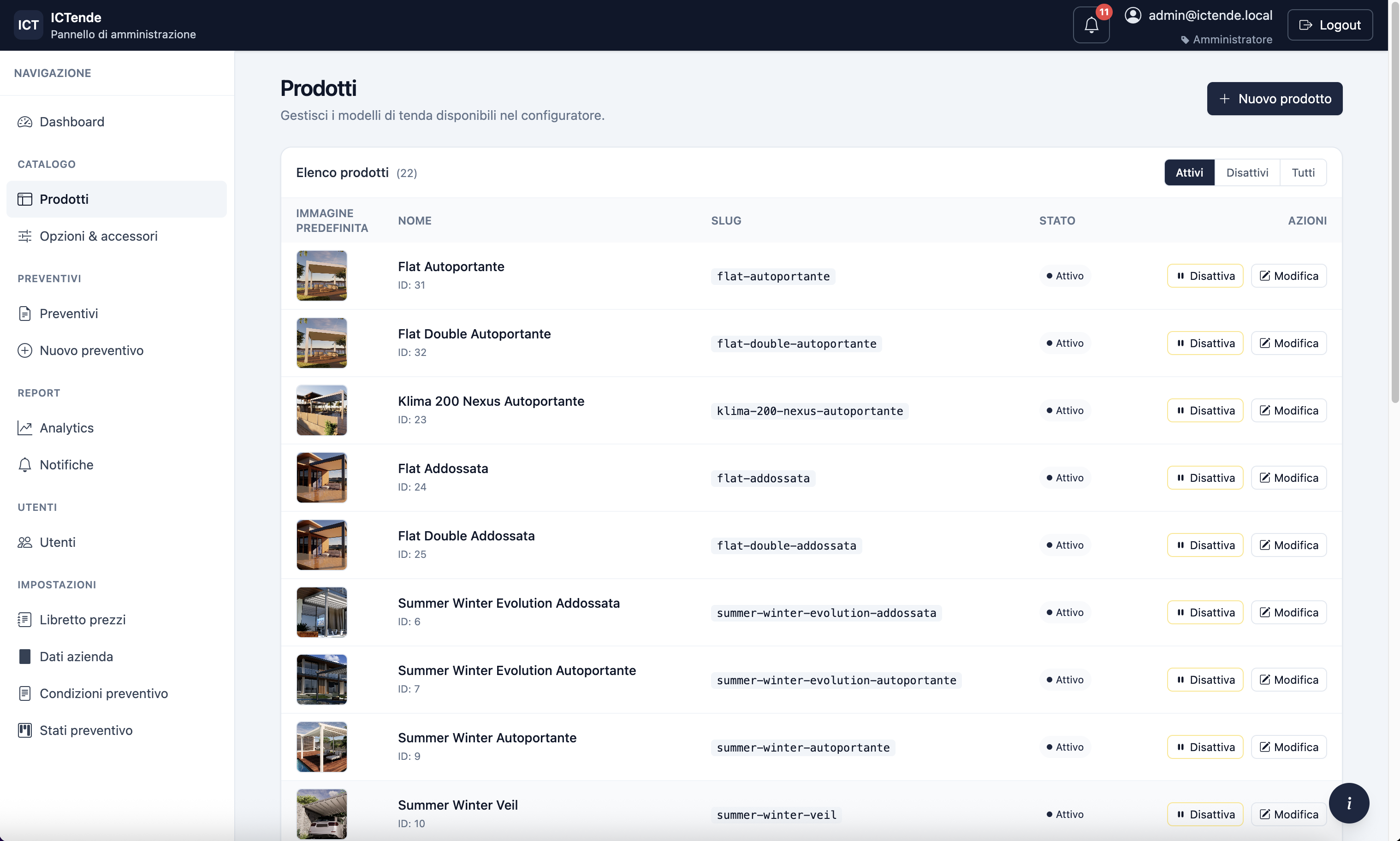 Gestionale ICTende: catalogo prodotti e pannello preventivi.