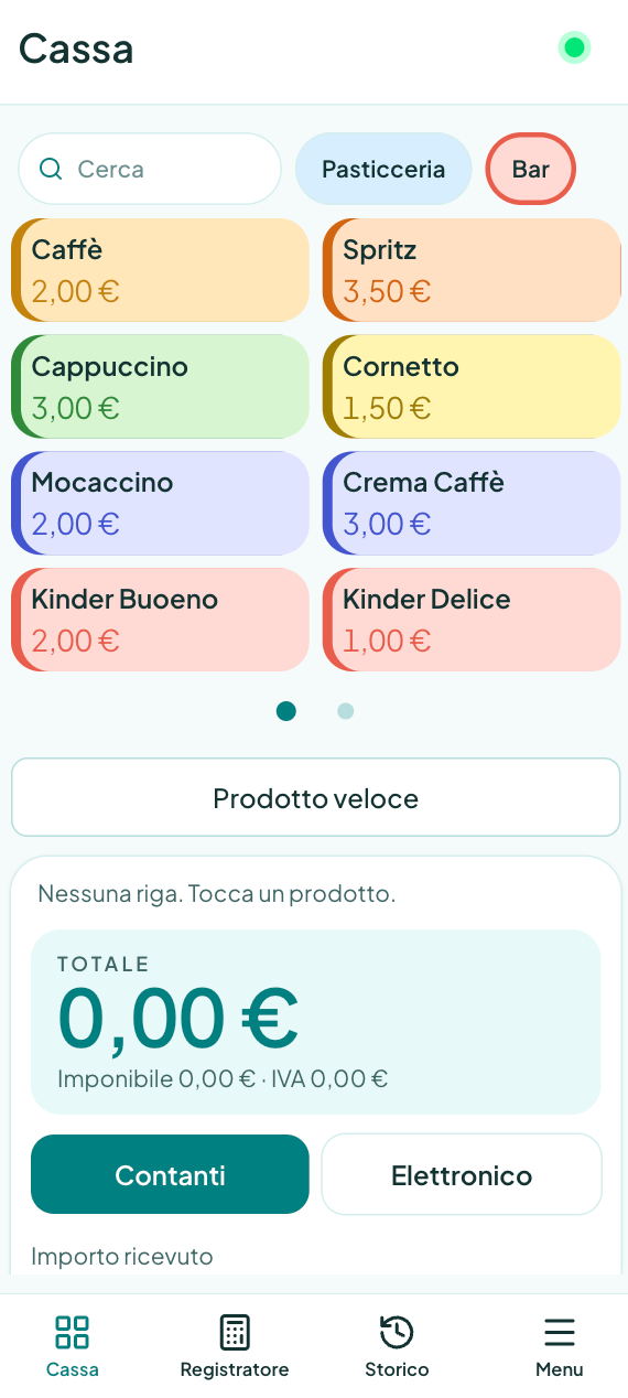 Schermata Cassa di Pronto Scontrino su telefono: catalogo per categoria e rigo scontrino.