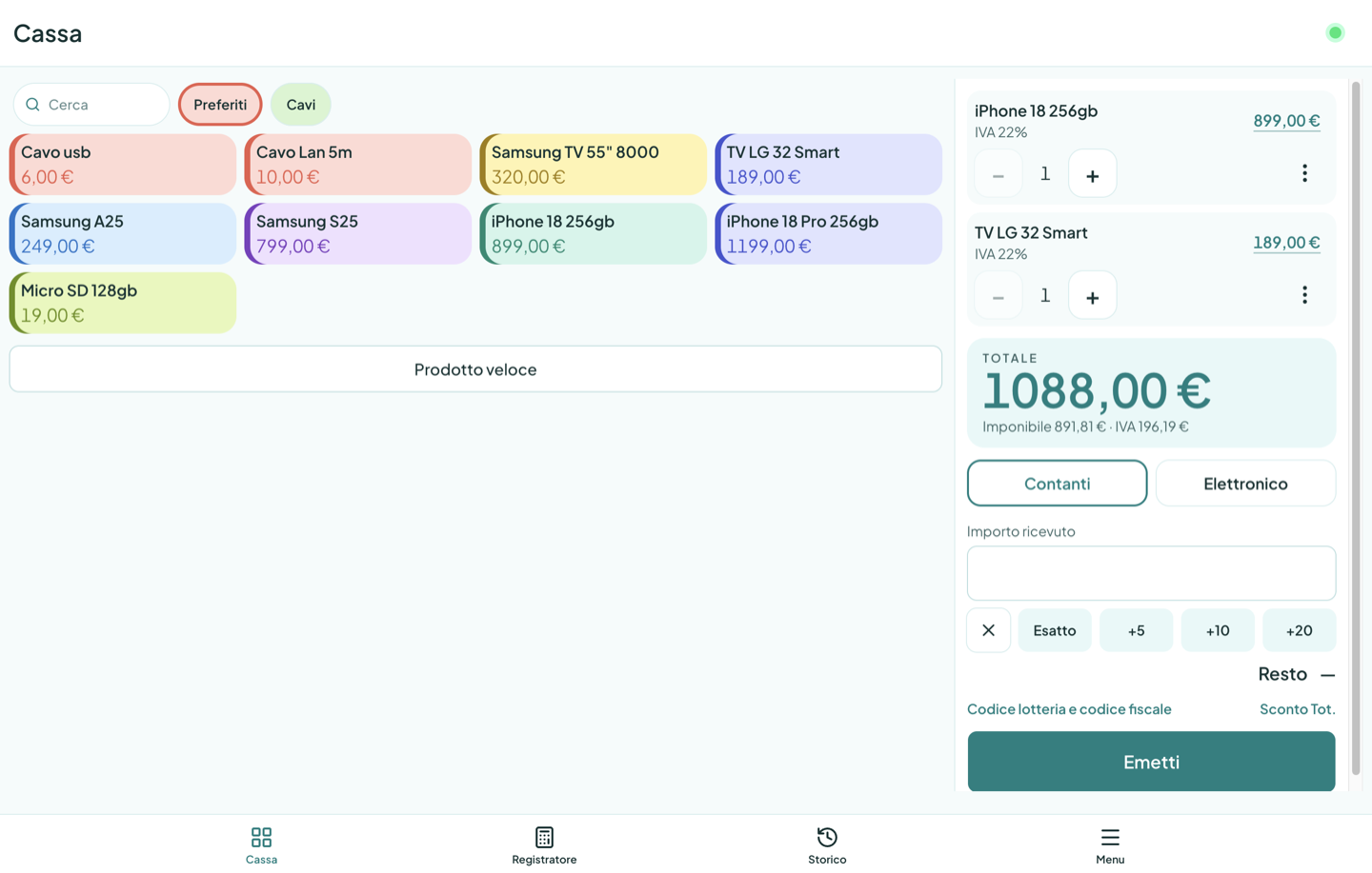 Gestionale Pronto Scontrino: cassa con catalogo prodotti, rigo scontrino e totale.