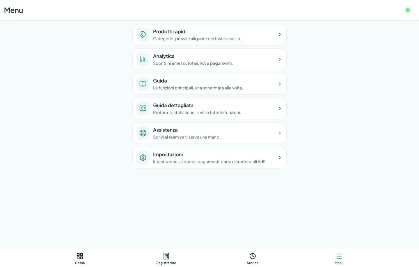 Menu di Pronto Scontrino da computer: prodotti rapidi, analytics, guide, assistenza e impostazioni.