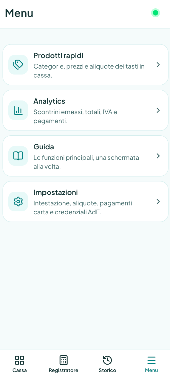 Menu dell'app: prodotti rapidi, analytics, guide, assistenza e impostazioni con credenziali AdE.