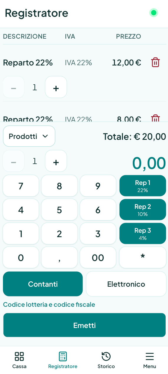 Schermata Registratore su telefono con tastierino numerico e reparti per aliquota.
